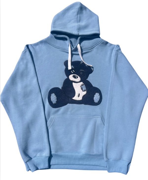 Blue teddy bear hoodie with embroidered logo